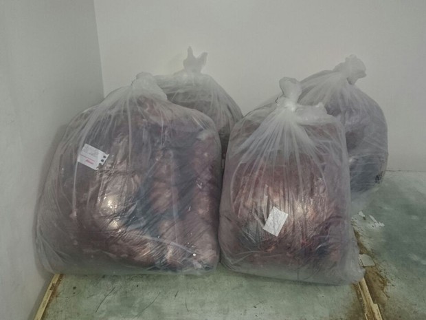 Carne clandestina estava armazenada em sacos, sem selo de inspeção  (Foto: Polícia Civil/Divulgação)