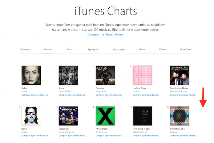 Visualizando o top 100 de músicas do iTunes Brasil Charts (Foto: Reprodução/Marvin Costa)