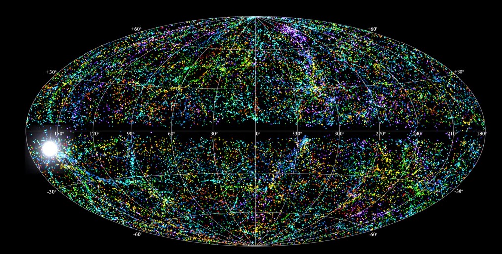 Ilustração de rajada rápida de rádio (Foto: NRAO Outreach/T. Jarrett (IPAC/Caltech); B. Saxton, NRAO/AUI/NSF)