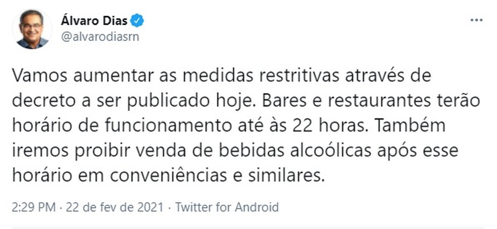 &Aacute;lvaro Dias, prefeito de Natal, publicou medidas em rede social &mdash; Foto: Reprodu&ccedil;&atilde;o