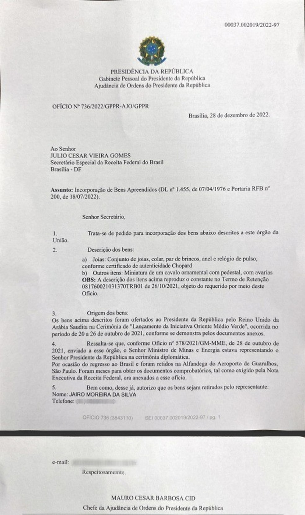 Ofício do gabinete pessoal do ex-presidente Jair Bolsonaro (PL) tenta reaver as joias apreendidas no aeroporto de Guarulhos — Foto: Reprodução