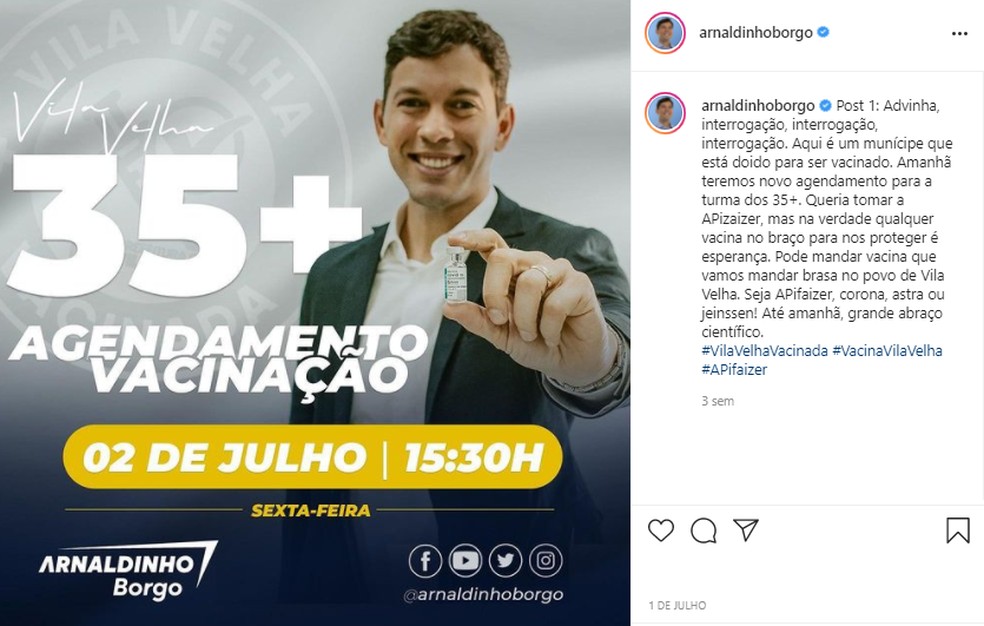 Em publicação feita em seu perfil no Instagram, prefeito Arnaldinho Borgo divulga informações sobre agendamento de vacinação — Foto: Reprodução/Instagram