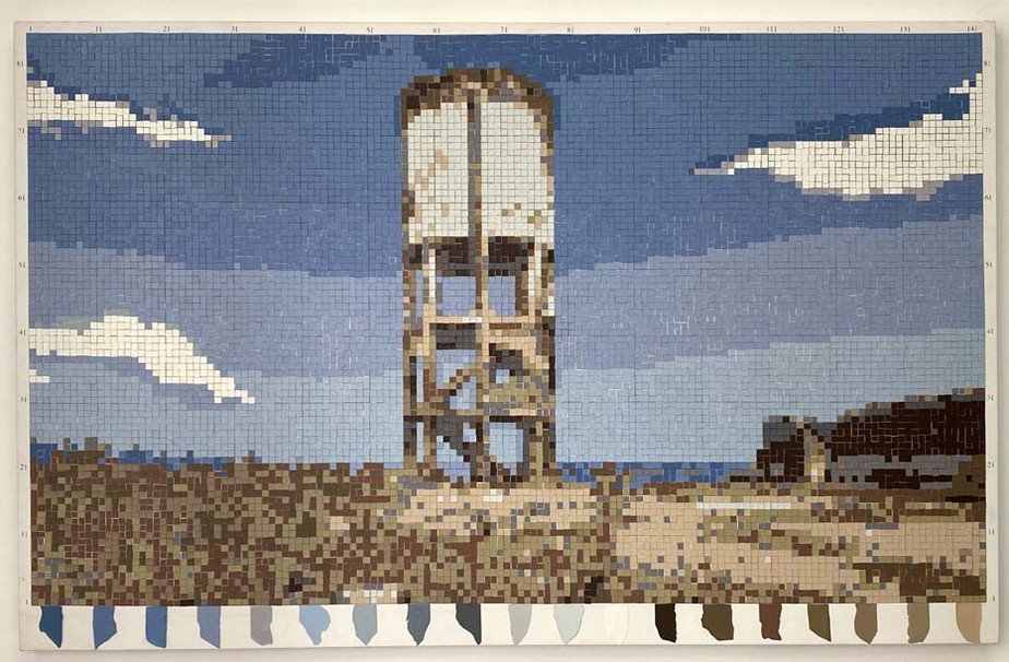 A obra 'Monumento a Remanso' é feita de pele de tinta, técnica autoral que resulta em pinturas parecidas com pixels analógicos
