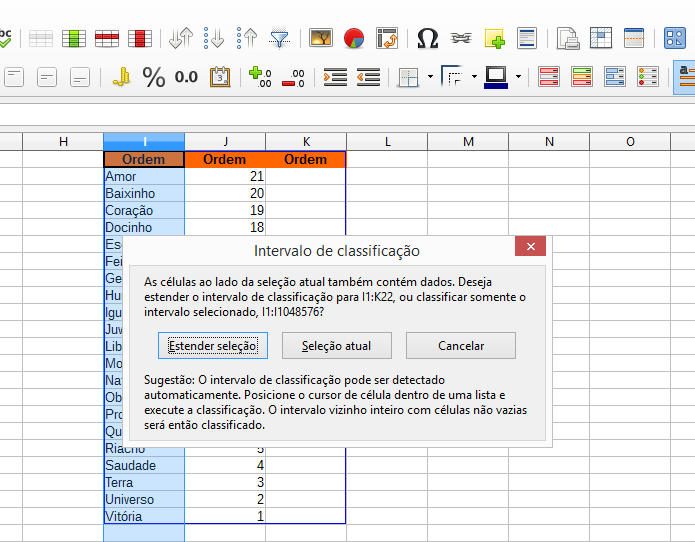 Janela permite configurar comportamento do recurso de ordenação (Foto: Reprodução/LibreOffice)