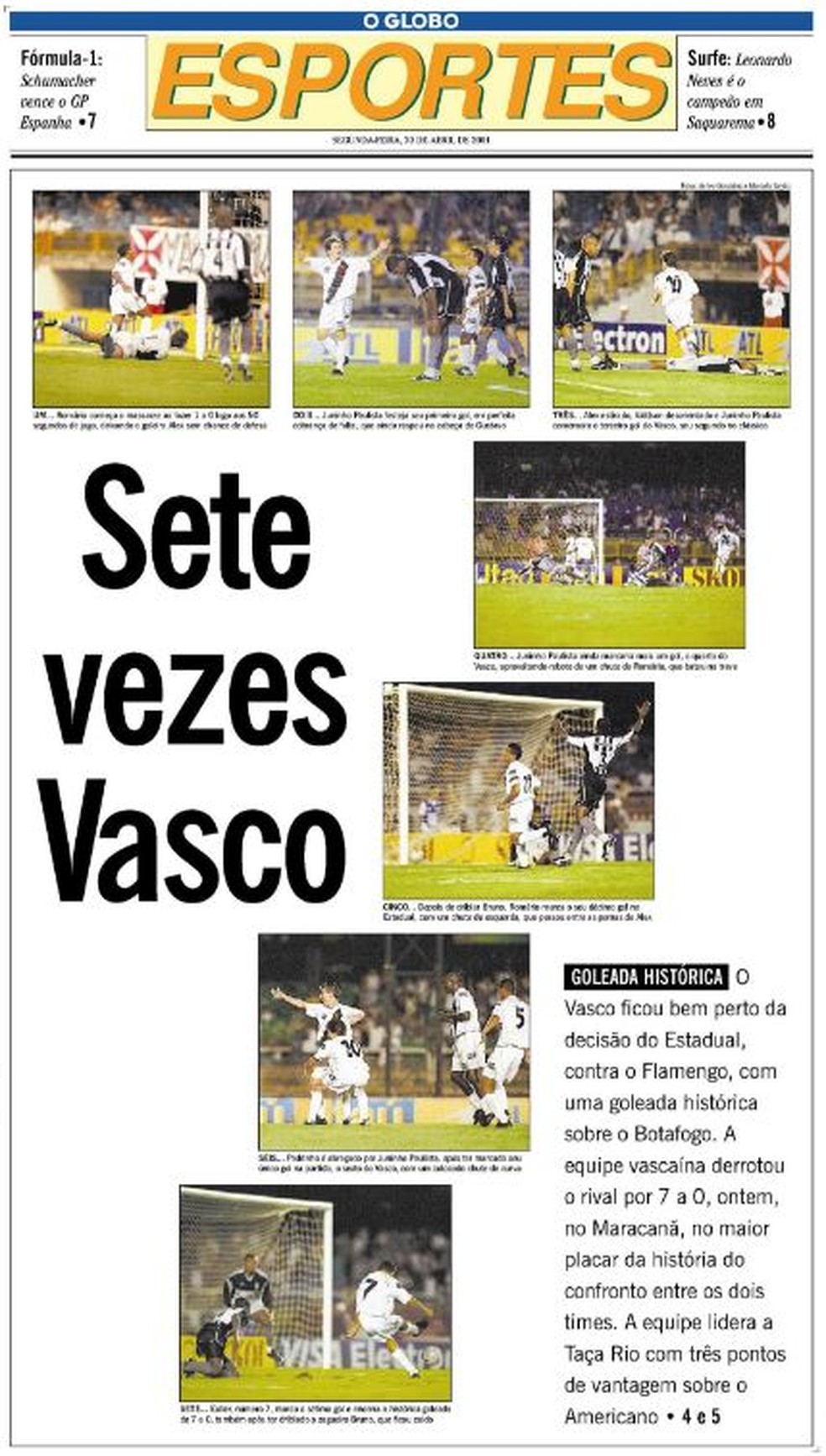 Capa do Caderno de Esportes do Jornal O Globo detalha goleada vascaína — Foto: Acervo O Globo