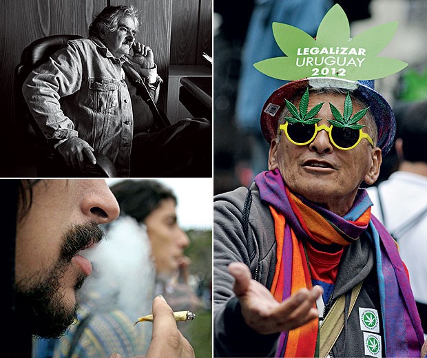 À esquerda, no alto, o presidente José Mujica. Logo abaixo, jovens uruguaios fumam maconha na rua. À direita, manifestante a favor da liberação da erva (Foto: Panta AstiazaráN / Pablo la Rosa (Reuters) / Nicolas Celaya)