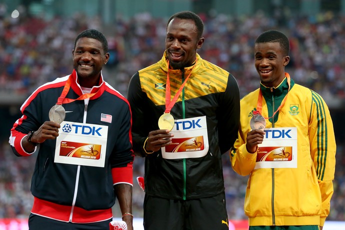 Usain Bolt Justin Gatlin Jobodwana pódio 200m Mundial Pequim atletismo (Foto: Getty Images)
