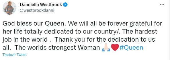 Daniella Westbrook, atriz britânica, lamenta a morte da Rainha Elizabeth (Foto: Reprodução / Twitter)