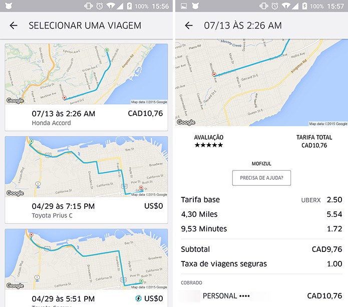 Uber mostra corridas realizadas com trajeto e cobranças na moeda local (Foto: Reprodução/Elson de Souza)