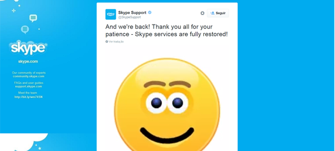 Skype volta a funcionar 100% após um dia offline e agradece paciência