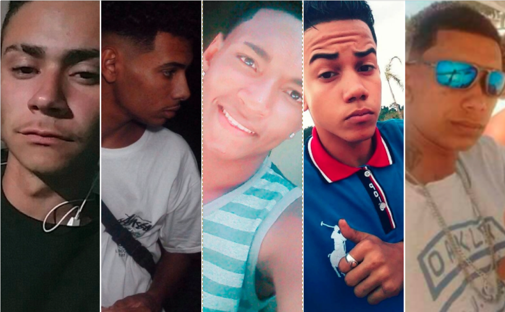 Mortos em chacina em Maricá (da esquerda para a direita): Sávio Oliveira, Mateus Bittencourt, Matheus Baraúna, Marco Jhonathan e Patrick da Silva (Foto: Facebook/Reprodução | Arquivo Pessoal)