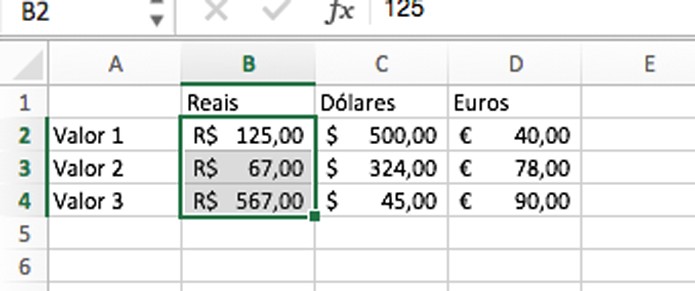 Insira diversas moedas diferentes em uma única tabela no Excel (Foto: Reprodução/André Sugai)