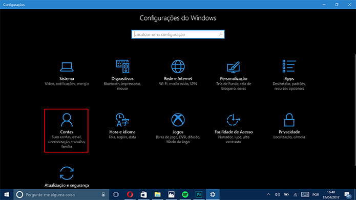 Clique na opção contas para ativar o bloqueio dinâmico do Windows 10 (Foto: Reprodução/Elson de Souza)