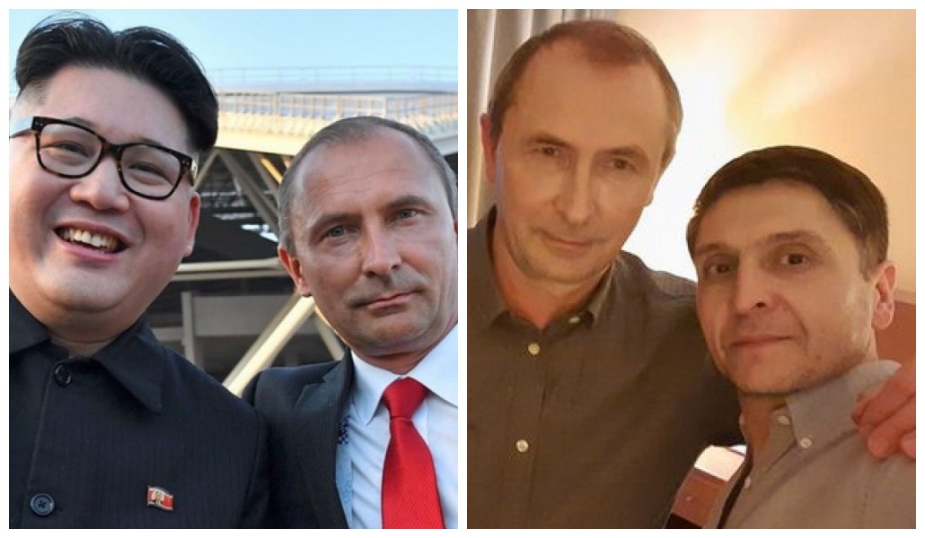 O empresário polonês Slawek Sobala, sósia de Vladimir Putin, com os amigos Howard X (sósia de Kim Jong-un) e Umid Isabaev (sósia de Volodymyr Zelensky) (Foto: Reprodução)