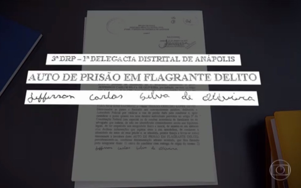 Jackson teria assinado nome de Jefferson em documento de prisão em flagrante após roubo em Anápolis (Foto: Reprodução/TV Globo)