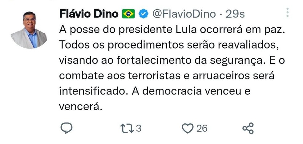 Tweet do futuro ministro da Justiça, Flávio Dino, sobre posso de Lula — Foto: Twitter/Reprodução