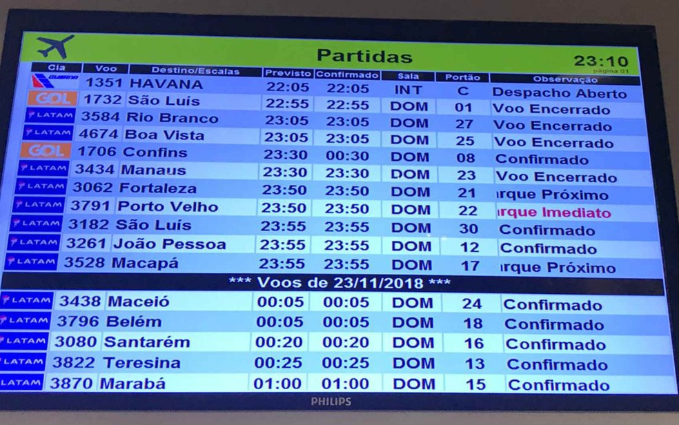 Painel de embarques do Aeroporto JK, em Brasília, mostra atraso de voo que levará cubanos a Havana — Foto: Marília Marques/G1
