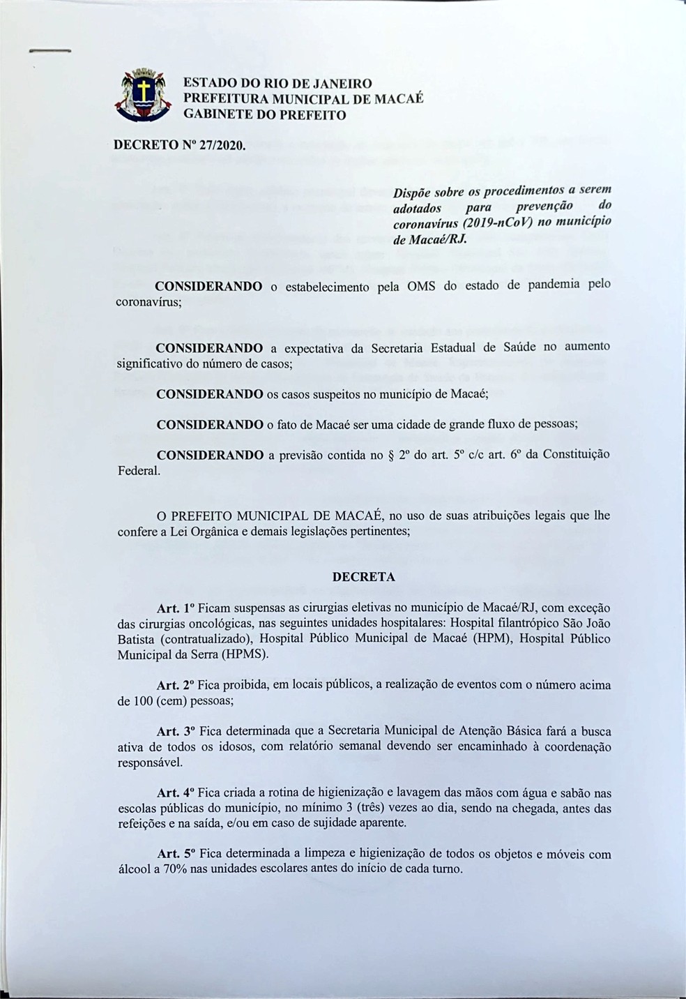 Primeira página com o texto do decreto contra o coronavírus criado pela Prefeitura nesta quinta (12) e com publicação prevista para esta sexta (13) — Foto: Divulgação Prefeitura de Macaé