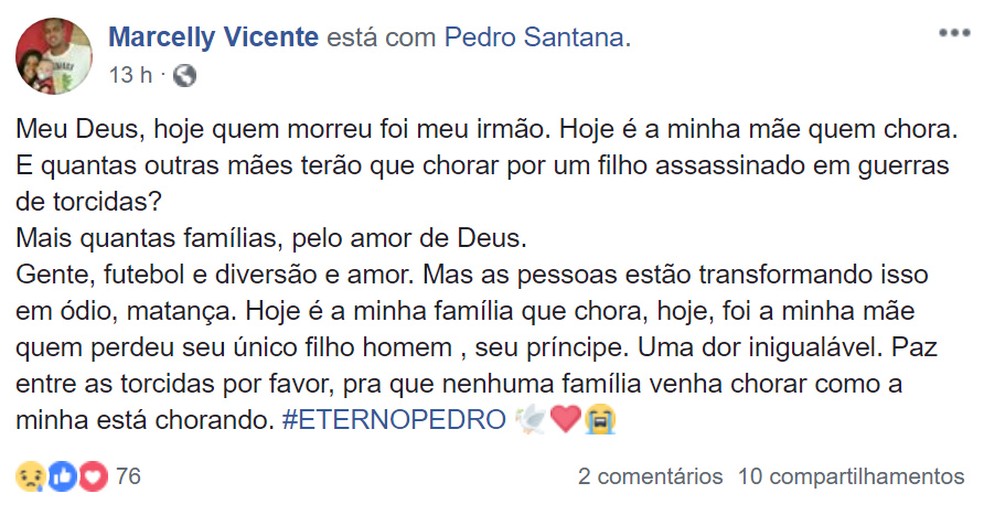 Irmã de Pedro Henrique postou mensagens nas redes sociais — Foto: Reprodução