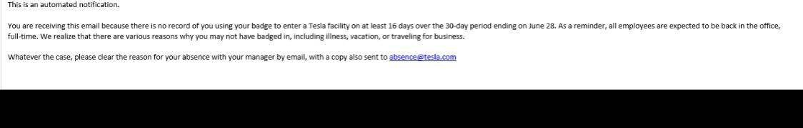 E-mail da Tesla para funcionários que ficam mais de 15 dias sem comparacer ao escritório (Foto: Reprodução/Blind)