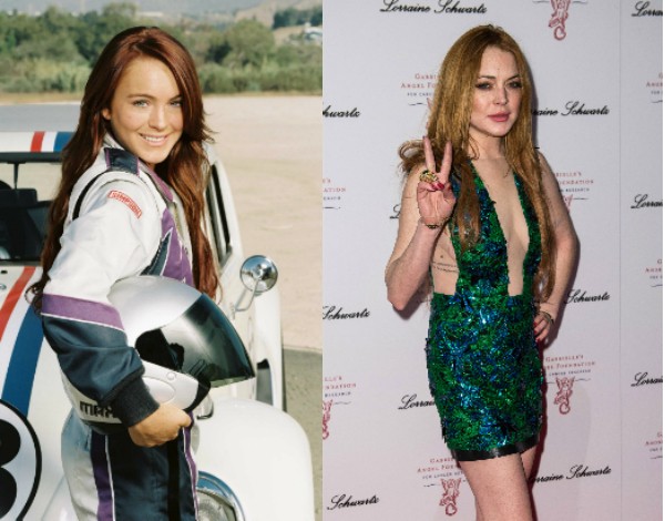 Lindsay Lohan durante as filmagens de ‘Herbie’ em 2005 e em uma foto recente (Foto: Getty Images/Divulgação)