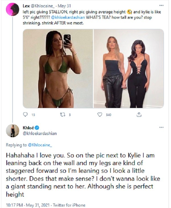 A socialite Khloé Kardashian respondendo um fã sobre sua diferença de altura nas fotos ao longo dos anos (Foto: Twitter)