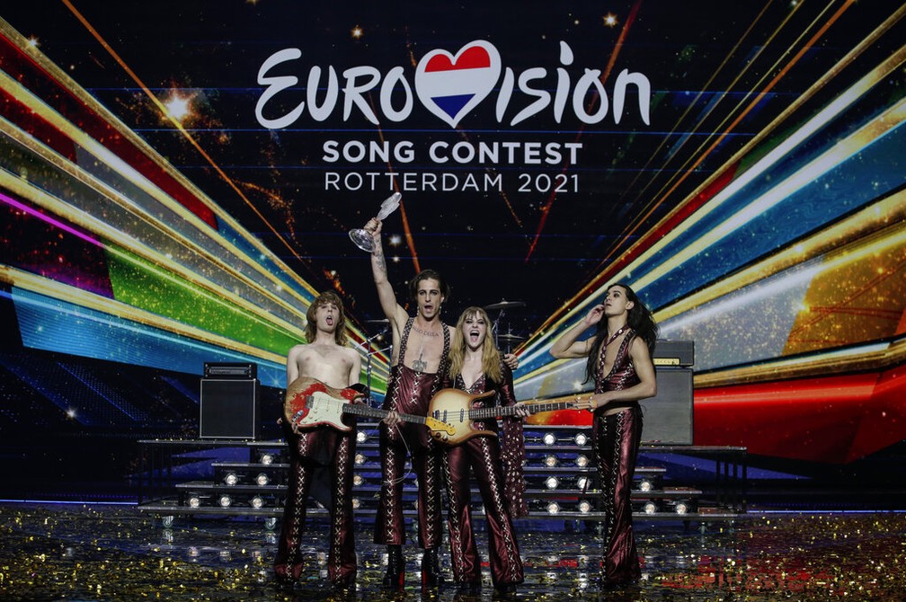 Banda Maneskin, da Itália, vence o Eurovision 2021, organizado neste sábado (22) em Roterdã (Holanda) — Foto: Peter Dejong/AP Photo