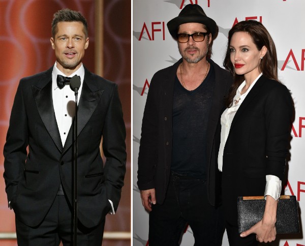 O ator Brad Pitt no Globo de Ouro 2017 e em evento público com Angelina Jolie (Foto: Getty Images)