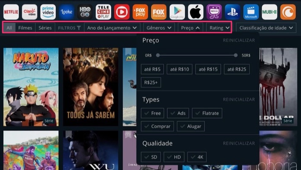 Tela com filtros do site JustWathc que monitora títulos em serviço de streaming de vídeo — Foto: Reprodução/Marvin Costa