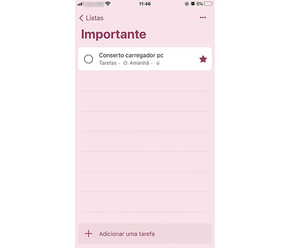 Quando a tarefa é "Importante" o ícone da estrela fica selecionado — Foto: Reprodução/Luana Antunes