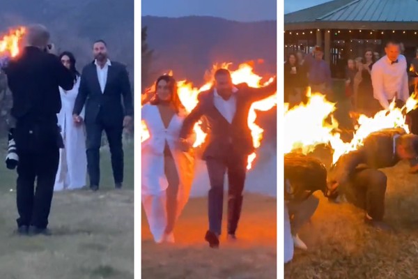 Noivos dublês ateiam fogo em si mesmos durante casamento sinistro comparado a ‘Jogos Vorazes’  (Foto: Reprodução/TikTok)