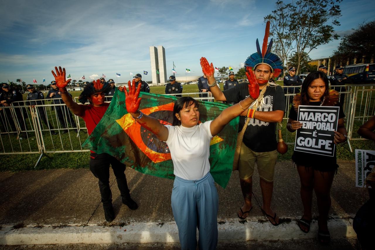 Protesto contra marco temporal em Brasília — Foto: Brenno Carvalho/Agência O Globo