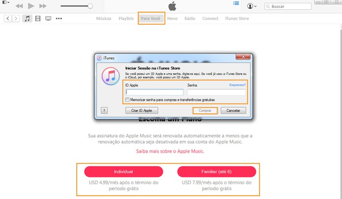 Selecione o plano do Apple Music e confirme com sua ID e senha (Foto: Reprodução/Barbara Mannara)