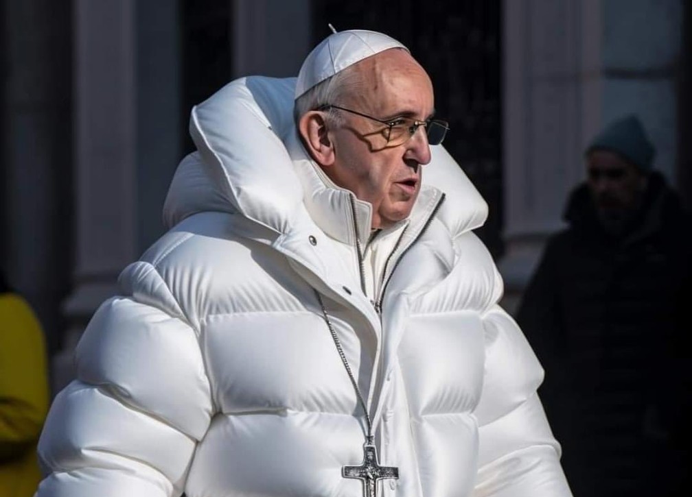 Papa Francisco usando casaco "puffer". Imagem gerada por IA.