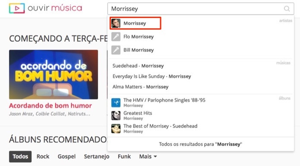 Ação para buscar um artista no serviço online Ouvir Música — Foto: Reprodução/Marvin Costa