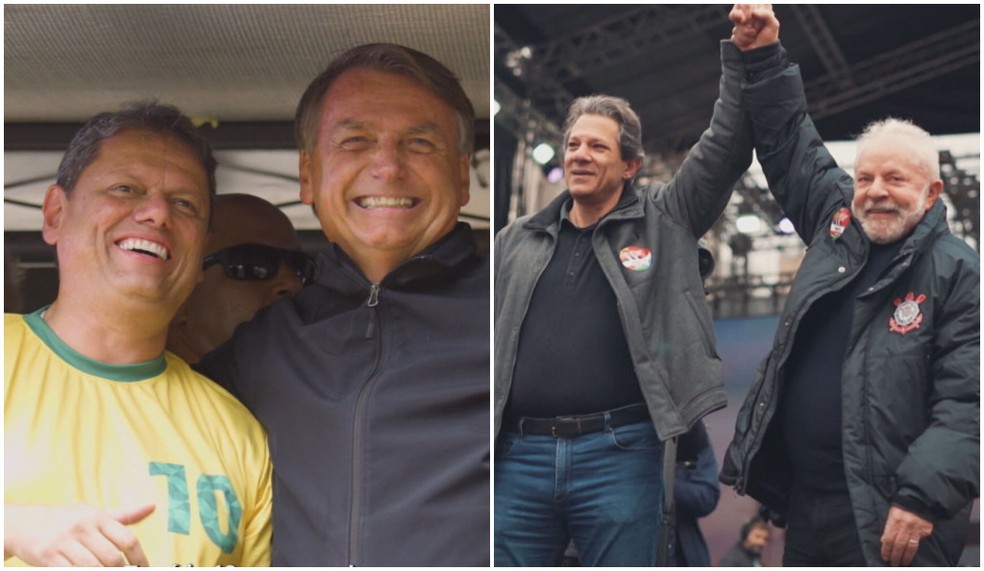 Os candidatos Tarcísio de Freitas (Republicanos) e Fernando Haddad (PT) exibem Bolsonaro e Lula na volta do horário eleitoral na tv. — Foto: Montagem/g1/Reprodução