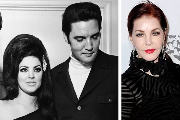 À esquerda; Priscilla Presley e Elvis Presley na época em que eram casados; à direita, a empresária americana nos tempos atuais (Foto: Getty Images)