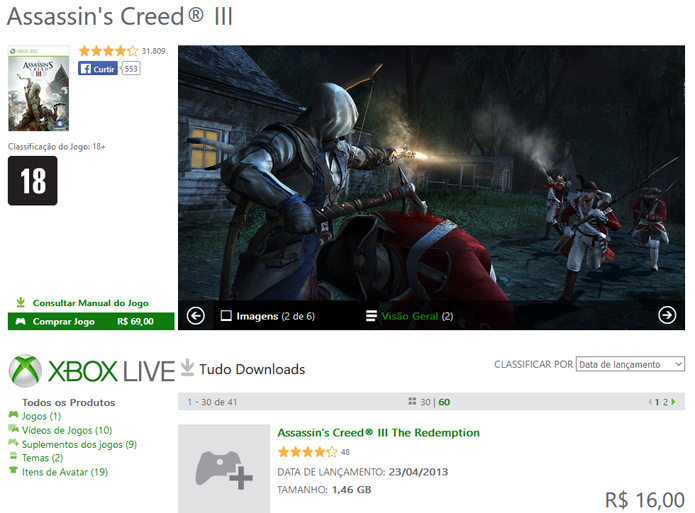 Assassins Creed 3 na Xbox Marketplace (Foto: Reprodução/André Mello)