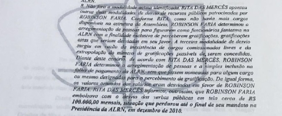 Decisão do STJ traz informações da delação da ex-procuradora da ALRN Rita das Mercês (Foto: Reprodução)