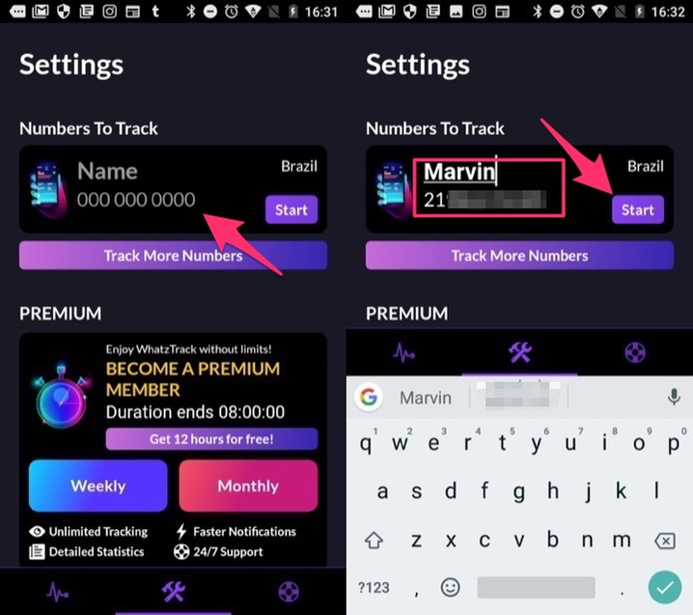 Ação para configurar um contato para rastrear no WhatsApp usando o aplicativo Rastreador on-line para WhatsApp — Foto: Reprodução/Marvin Costa