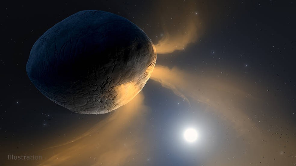 A ilustração mostra o asteroide Phaethon sendo aquecido pelo Sol. A superfície do asteroide fica tão quente que o sódio dentro da rocha de Phaethon provavelmente vaporiza e se espalha para o espaço, fazendo com que ele brilhe como um cometa e forme uma cauda — Foto: Divulgação/NASA/JPL-Caltech/IPAC
