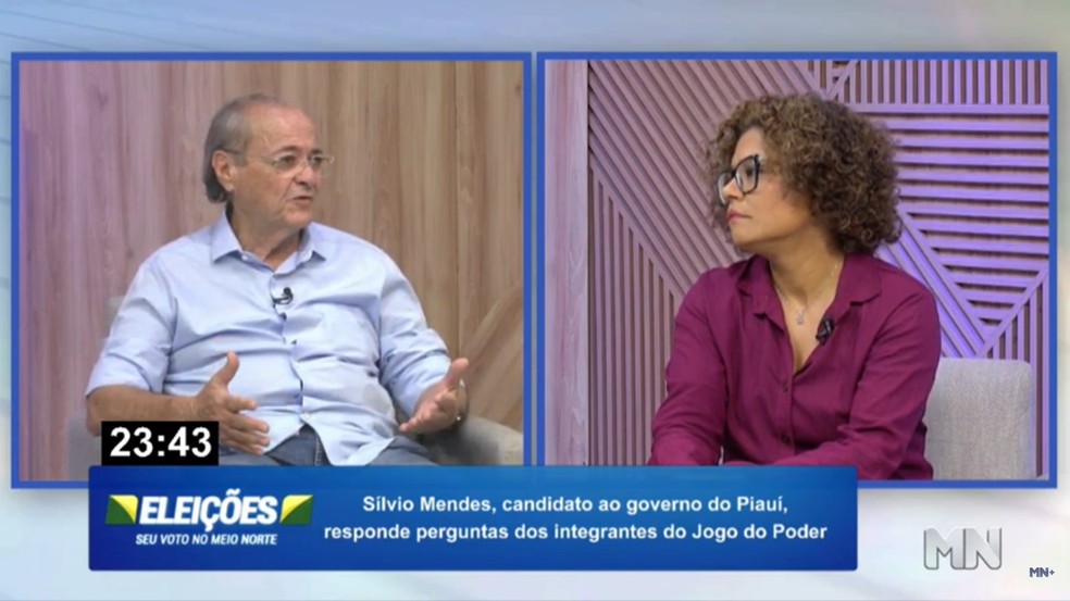 Sílvio Mendes responde a jornalista Katya Dangeles durante sabatina na TV Meio Norte. — Foto: Reprodução/TV Meio Norte.