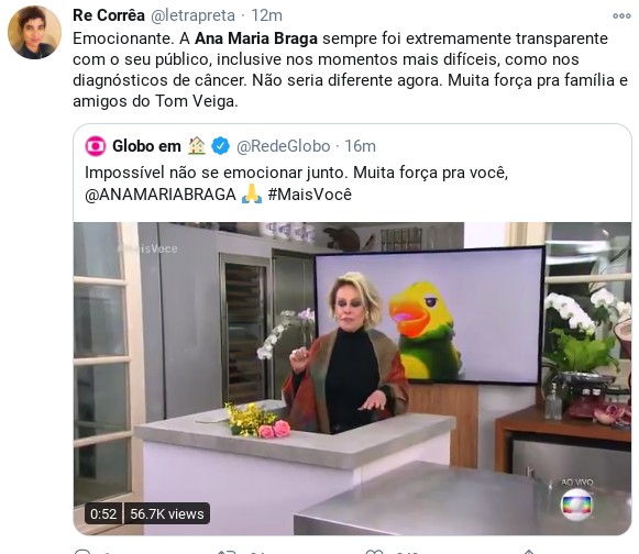 Internautas comentam força de Ana Maria Braga em homenagem a Tom Veiga (Foto: Reprodução)