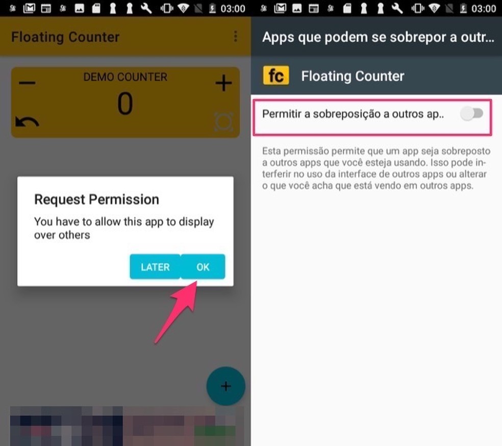 Ação para ativar o recurso de sobrepor sobre outros apps o aplicativo Floting Counter — Foto: Reprodução/Marvin Costa