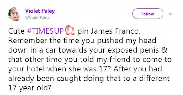 Uma das acusações de assédio e abuso feitas contra James Franco (Foto: Twitter)