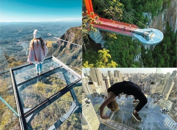 Os mirantes suspensos com chão de vidro estão ganhando o Brasil, com diversas inaugurações nos últimos dois anos (Foto: Instagram e Skyglass / Reprodução)