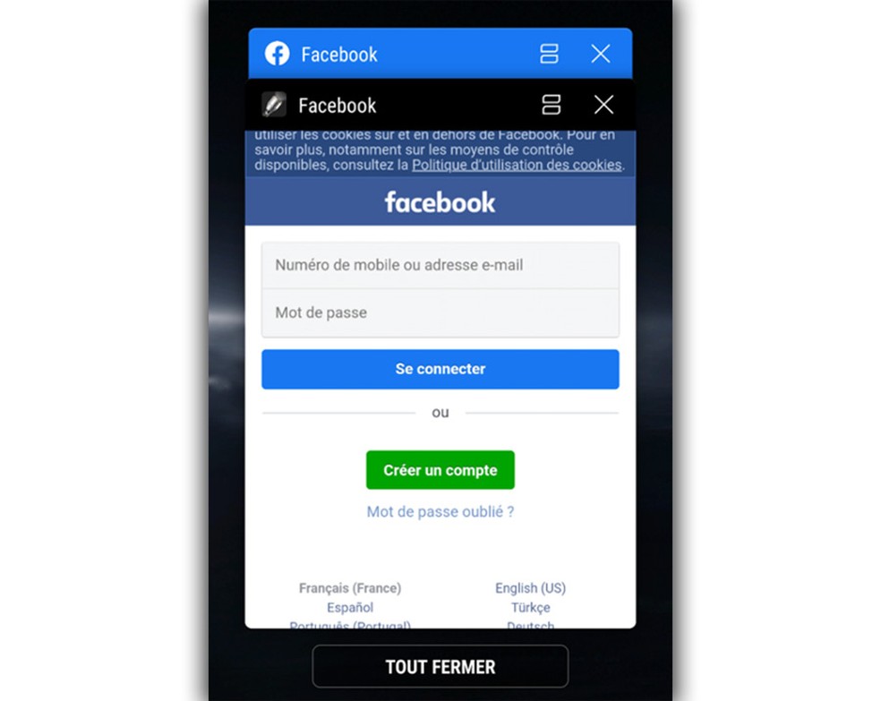 Com app legítimo do Facebook ao fundo (barra azul), apps carregavam janela falsa de login (barra preta) para pedir que usuário digitasse o usuário e a senha. — Foto: Reprodução/Evina