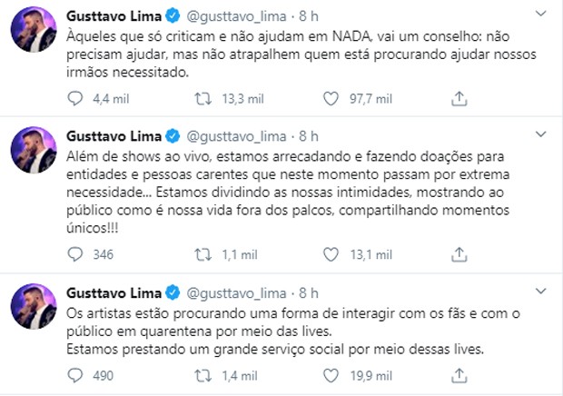 Gusttavo Lima rebate críticas às suas lives de shows (Foto: Reprodução/Instagram)