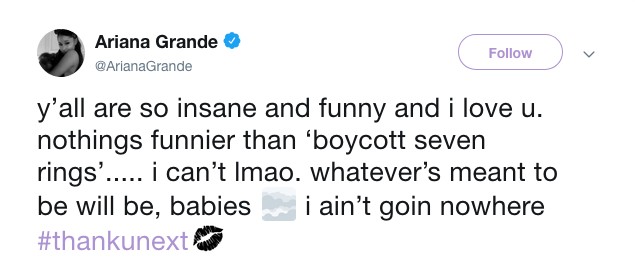 O post de Ariana Grande no qual ela adere à campanha de boicote à música dela (Foto: Instagram)