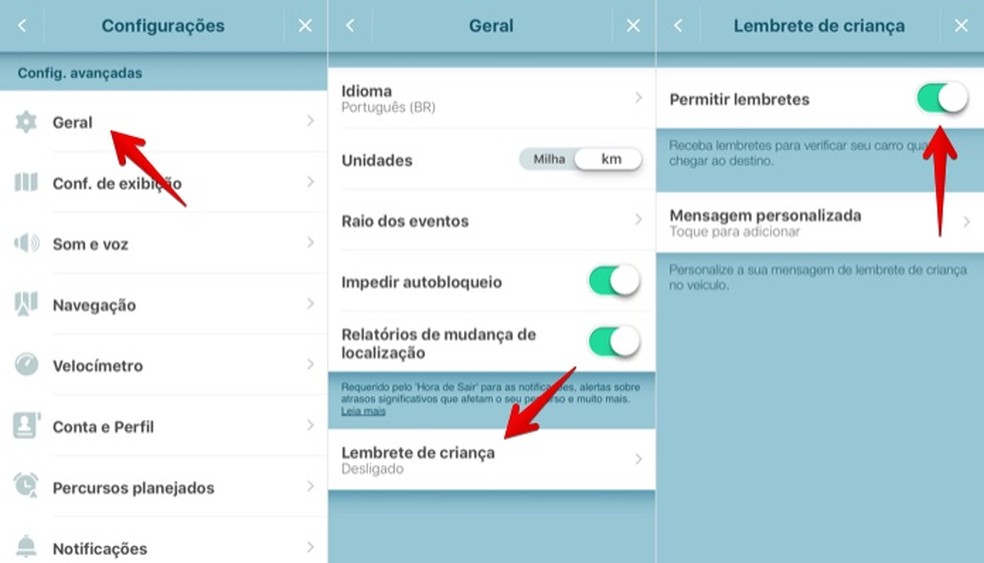 Ativando lembrete de criança no carro no Waze (Foto: Reprodução/Helito Bijora)